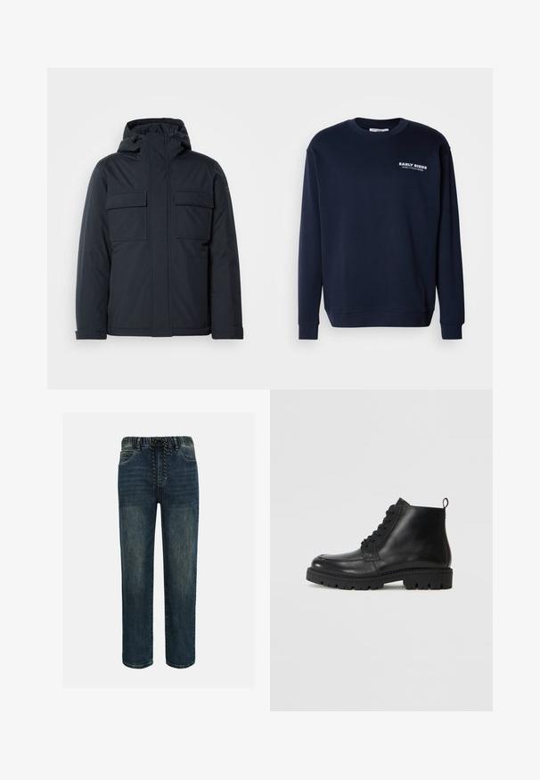 Veste isolée bleu marine avec capuche, dotée de deux grandes poches avant et d'une finition lisse et mate. Fermeture éclair à l'avant.; Sweat-shirt bleu marine en tissu mélangé de coton. Il présente un col rond, des manches longues, des poignets côtelés et un imprimé "EARLY BIRDS" sur la poitrine.; Jean en denim bleu foncé avec ceinture élastique et cordon noir et blanc, coupe droite, avec poches avant.; Bottines en cuir noir à bout rond, avec des lacets à l'avant et une semelle en caoutchouc texturée. Comprend une languette à l'arrière pour un enfilage facile.