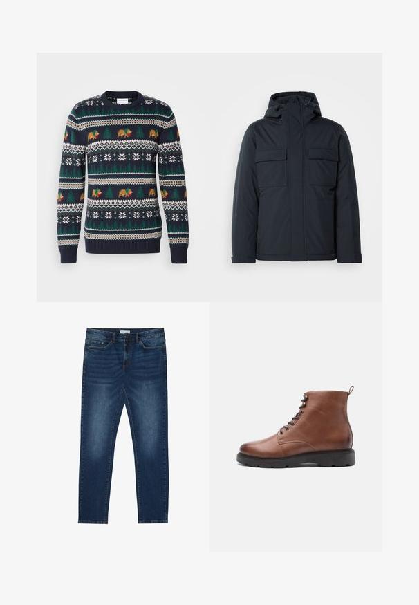 Marineblå isoleret jakke med hætte, der har to store forsorglommer og en glat, mat overflade. Lynlåslukning foran.; Mørkeblå strikket sweater med et helligdomsmønster med bjørne, træer og snefnug i grøn, brun og hvid. Ribbet manchetter og kant.; Mørkeblå slim-fit jeans med falmede detaljer, klassisk fem-lomme design, knappelukning og bæltestropper.; Brune læder ankelstøvler med en rund tå, snørebånd foran og sort gummisål. Har en pull-loop bagpå for nemmere påtagning.