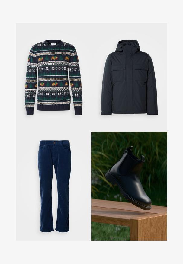 Veste isolée bleu marine avec capuche, dotée de deux grandes poches avant et d'une finition lisse et mate. Fermeture éclair à l'avant.; Pull en tricot bleu marine avec un motif de vacances comprenant des ours, des arbres et des flocons de neige en vert, marron et blanc. Bords côtelés aux poignets et à l'ourlet.; Scotch & Soda THE ZEE STRAIGHT - Pantalon classique - insignia blue; Bottine Chelsea en cuir noir avec un bout arrondi, des panneaux latéraux élastiques, des languettes de tirage et une semelle en caoutchouc texturé, posée sur une surface en bois.