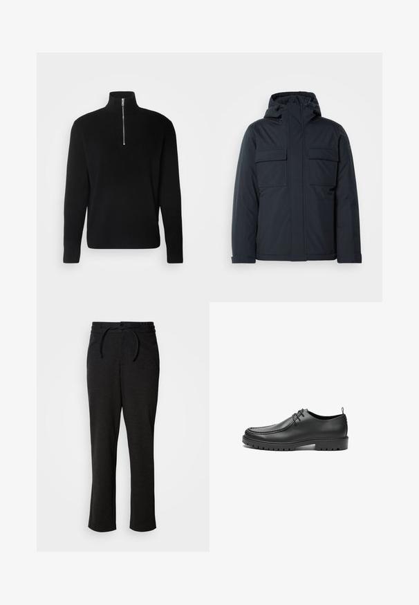 Námornícky modrá zateplená bunda s kapucňou, ktorá má dve veľké predné vrecká a hladký, matný povrch. Predné zapínanie na zips.; Lindbergh HALF ZIP RIB KNIT - Svetrík - black; Čierne pletené nohavice s pásom na šnúrku, rovný strih nôh a bočnými vreckami. Mäkká textura s hladkým povrchom.; Čierne kožené topánky s hladkým povrchom, zaoblenou špičkou a dekoratívnym prešívaním. Majú gumovú podrážku s trakčnými drážkami a viazací dizajn.