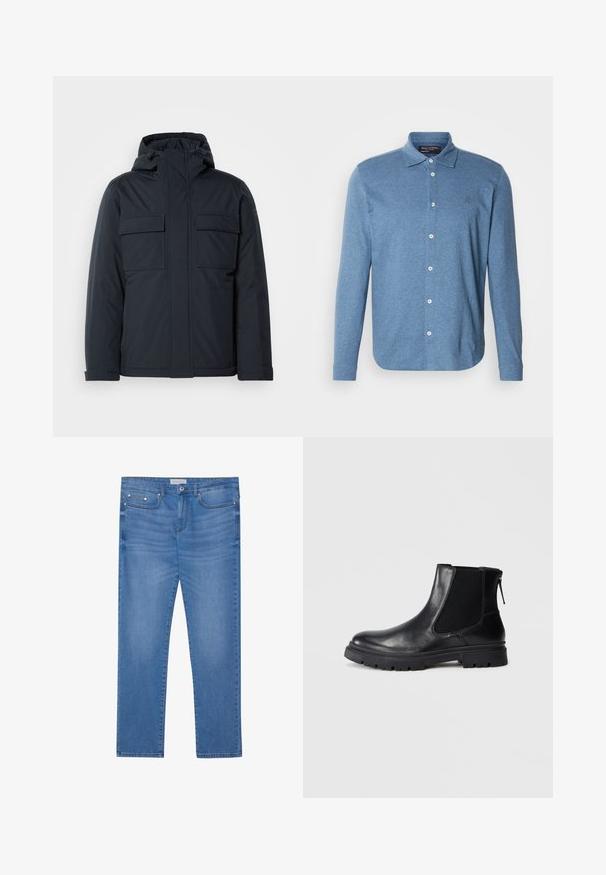 Marineblauwe geïsoleerde jas met capuchon, voorzien van twee grote voorkeurszakken en een gladde, matte afwerking. Met ritssluiting aan de voorkant.; Blauw poloshirt met lange mouwen, gemaakt van gestructureerde stof, voorzien van een knoopsluiting aan de voorkant en een klein logo op de borst.; Lichtblauwe spijkerbroek met een rechte pijp, vijf zakken, subtiele vervaging en metalen accenten op de taille en zakken.; Zwarte leren enkelboot met een gladde afwerking, elastische mesh zijkanten en een robuuste zool met een zichtbaar profiel.
