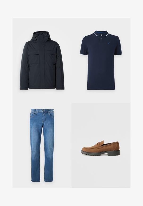 Marineblaue isolierte Jacke mit Kapuze, ausgestattet mit zwei großen frontalen Taschen und einer glatten, matten Oberfläche. Mit einem Reißverschluss vorne.; Marineblaues Poloshirt aus Baumwolle mit Kragen, zwei Druckknöpfen, kurzen Ärmeln und einem kleinen Logo auf der Brust.; Jeans aus Denim in Mittelblau mit geradem Schnitt. Verfügt über fünf Taschen, einen Knopfverschluss und sichtbare Nähte entlang der Säume.; Braune Wildlederslipper mit runder Zehenpartie und einer niedrigen schwarzen Gummisohle, die über einen dekorativen Riemen und Nähte auf dem Obermaterial verfügt.