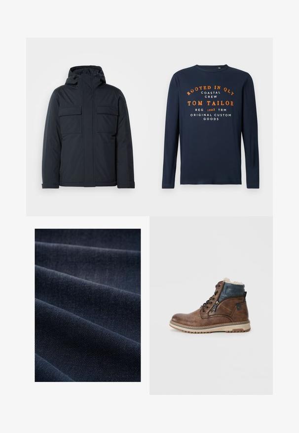 Marineblaue isolierte Jacke mit Kapuze, ausgestattet mit zwei großen frontalen Taschen und einer glatten, matten Oberfläche. Mit einem Reißverschluss vorne.; Marineblaue Langarmshirt mit Rundhalsausschnitt, bedruckt mit orangefarbenem und weißem Text: "VERWURZELT IN QLY COASTAL CREW TOM TAILOR 1962 ORIGINAL CUSTOM GOODS."; Dunkelblaue Denim-Stoff mit geripptem Muster, das Falten und Wellen zeigt und somit sein Gewicht und seine Strapazierfähigkeit betont.; Braune Leder-Stiefelette mit einem blauen Textilkragen und weichem Innenfutter, ausgestattet mit einem seitlichen Reißverschluss, Schnürverschluss und strukturiertem Gummisohlen.