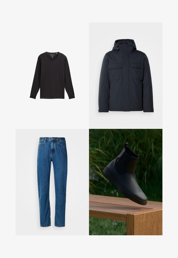 Marineblauwe geïsoleerde jas met capuchon, voorzien van twee grote voorkeurszakken en een gladde, matte afwerking. Met ritssluiting aan de voorkant.; Zwarte langemouwen shirt met ronde hals en geribde manchetten, met een label aan de binnenkant van de kraag.; Blauwe rechte spijkerbroek met vijf zakken en een knoopsluiting aan de voorkant op een witte achtergrond.; Zwarte leren enkelboot met elastische zijpanelen, gladde textuur, ronde neus en platte zool, geplaatst boven een houten tafel tegen een groene achtergrond.