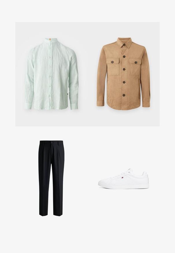Veste beige en tissu doux, dotée d'une fermeture boutonnée à l'avant, de deux poches à rabat avec des boutons, et de manches longues avec des poignets boutonnés.; Chemise à manches longues en lin vert clair avec un col montant, fermeture à boutons sur le devant et texture subtile. Présente un accent orange sur le col.; Pantalons noirs en tissu lisse, avec une coupe droite, des plis à l'avant et une fermeture à bouton avec passants de ceinture.; Baskets blanches en cuir synthétique avec une semelle plate, un bout rond et six œillets. Comprend un petit logo sur le côté.