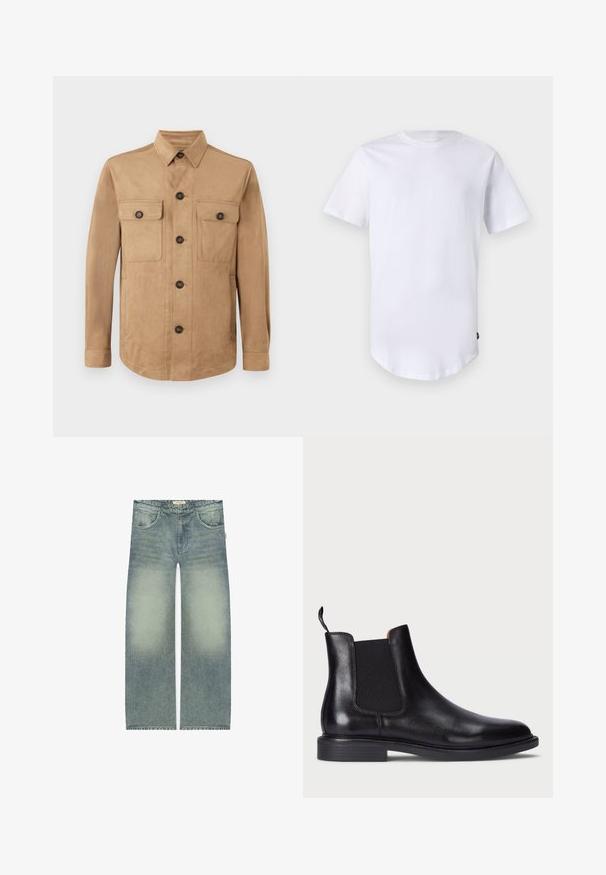 Beige Jacke aus weichem Material, mit einem Knopfverschluss, zwei aufgesetzten Taschen mit Knöpfen und langen Ärmeln mit geknöpften Manschetten.; Weißes T-Shirt mit kurzen Ärmeln aus Baumwolle. Rundhalsausschnitt mit abgerundetem Saum. Etikett auf der unteren linken Seite sichtbar. Glatte Textur.; Hellblaue Jeans mit weitem Schnitt, ausgestattet mit einer ausgewaschenen Optik und dezenten Used-Effekten, aus Denim-Material gefertigt. Fünf-Taschen-Design.; Schwarze Leder Chelsea-Stiefel mit elastischen Seitenteilen, strukturiertem Finish, abgerundeter Spitze und niedrigem, gestapeltem Absatz. Verfügt über eine Zuglasche für leichtes Anziehen.