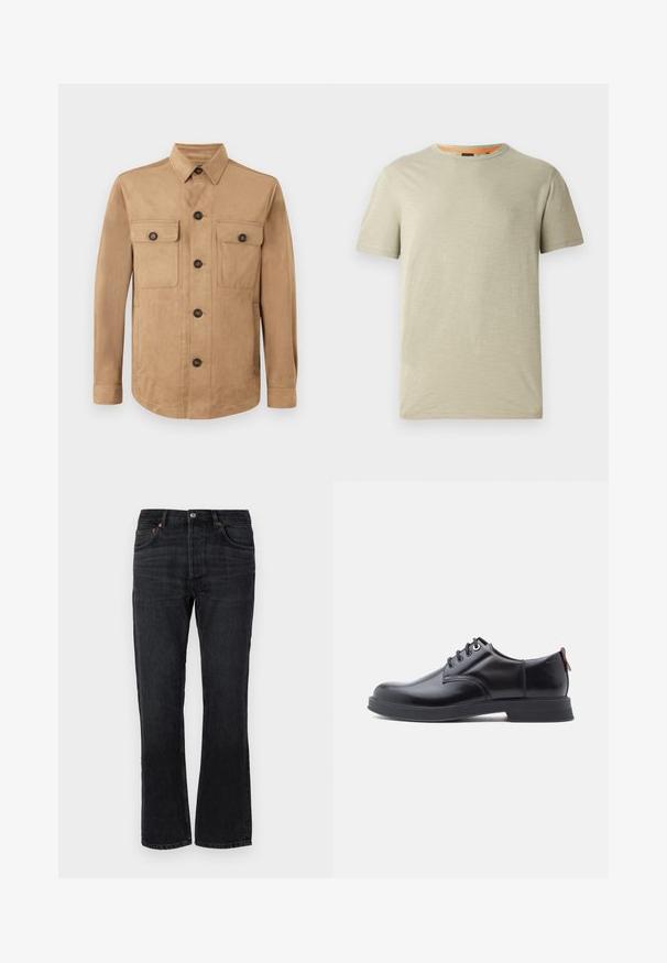 Veste beige en tissu doux, dotée d'une fermeture boutonnée à l'avant, de deux poches à rabat avec des boutons, et de manches longues avec des poignets boutonnés.; T-shirt vert clair à manches courtes en tissu texturé. Doté d'un col rond et d'un petit logo "BOSS" en relief sur la poitrine.; Jeans en denim noir avec une coupe droite, cinq poches et des accents de couture orange. Texture lisse et détails de décoloration minimal.; Chaussures en cuir noir à lacets avec une texture lisse, un bout arrondi et des détails de couture discrets. Présentent une languette rouge à l'arrière.