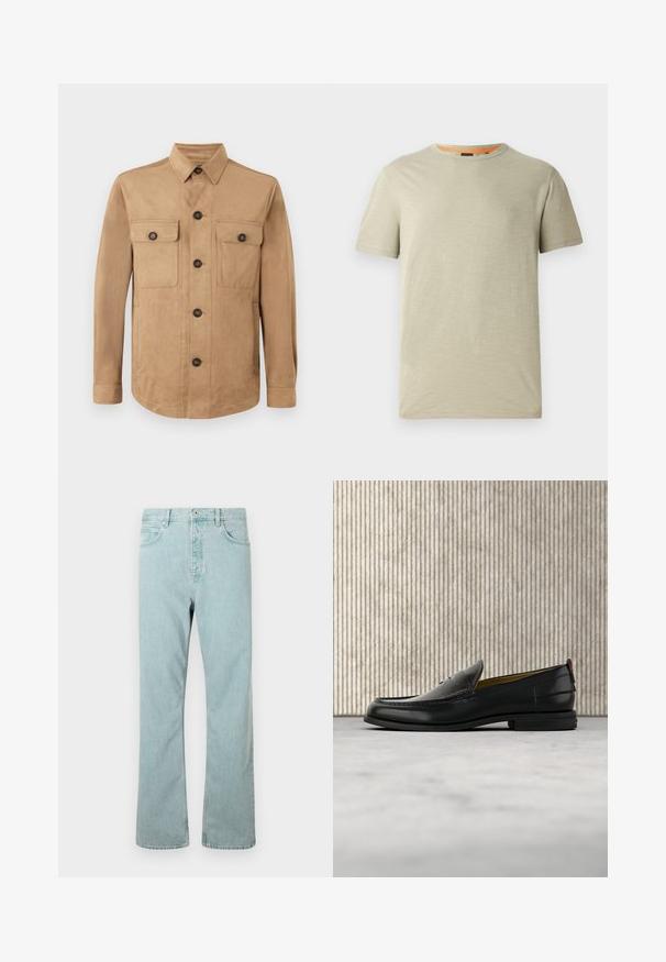 Beige Jacke aus weichem Material, mit einem Knopfverschluss, zwei aufgesetzten Taschen mit Knöpfen und langen Ärmeln mit geknöpften Manschetten.; Hellgrünes, kurzärmliges T-Shirt aus strukturiertem Stoff. Es hat einen runden Halsauschnitt und ein kleines eingeprägtes "BOSS"-Logo auf der Brust.; Hellblaue Jeans aus Denim mit geradem Schnitt, fünf Taschen und einem einzigen Knopfverschluss. Abgerundet mit dezenten Steppdetails.; Schwarzer Herren-Slipper aus Leder mit einer krokogeprägten Vorderkappe und einem niedrigen Absatz, im Profil vor neutralem Hintergrund gezeigt.