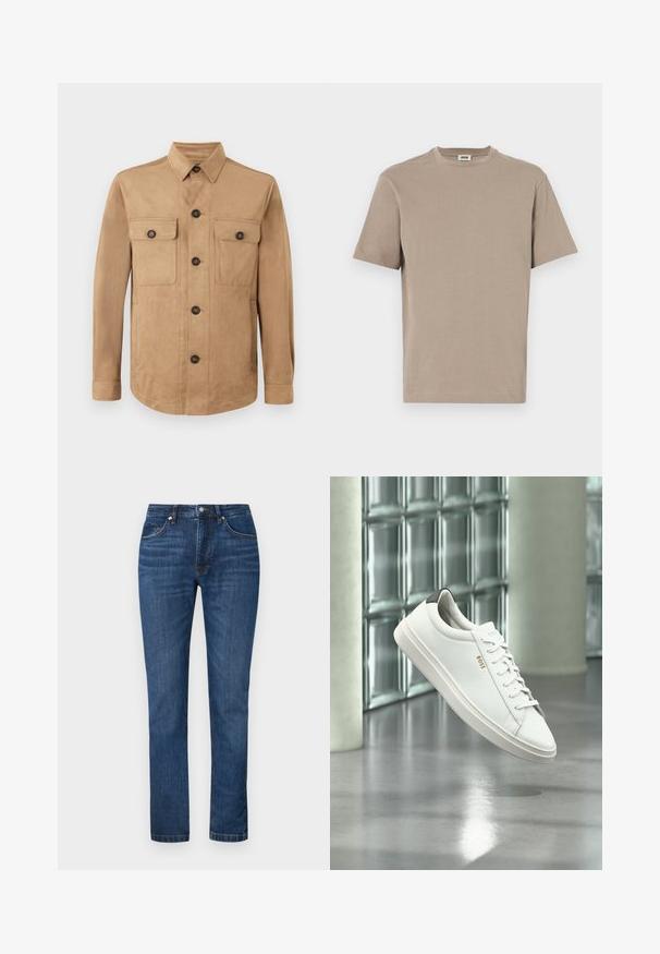 Beige Jacke aus weichem Material, mit einem Knopfverschluss, zwei aufgesetzten Taschen mit Knöpfen und langen Ärmeln mit geknöpften Manschetten.; Beige Baumwoll-T-Shirt mit rundem Halsausschnitt, kurzen Ärmeln und geradem Saum. Glatte Textur, minimalistisches Design, keine sichtbaren Grafiken oder Akzente.; Dunkelblaue Jeans aus Denim mit geradem Bein, subtilen Waschungen, klassischem Fünf-Taschen-Design und orangen Steppnähten.; Weißer Leder-Low-Top-Sneaker mit Schnürsenkeln, schwarzer Fersenschlaufe und „BOSS“-Logo, der drinnen nahe einer Glassteinwand und einem polierten Boden schwebt.