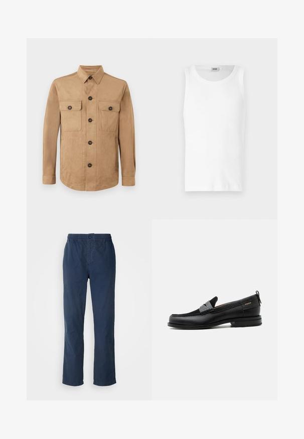 Chaqueta marrón hecha de tela suave, con cierre de botones en la parte delantera, dos bolsillos con solapa y botón, y mangas largas con puños abotonados.; Camiseta sin mangas de algodón blanco con cuello redondo y una textura suave. Diseño sencillo, sin patrones ni acentos.; Pantalones azul marino con cinturilla elástica y cierre de botón, diseño de pierna recta, confeccionados en tejido ligero y suave, sin patrones visibles.; Mocasín de cuero negro con detalle de tira gris, tacón bajo y suela texturizada, con la marca "HUGO" en oro en el lateral.
