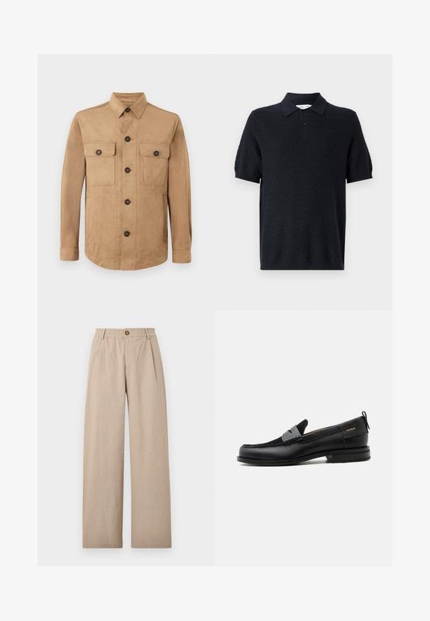 Chaqueta marrón hecha de tela suave, con cierre de botones en la parte delantera, dos bolsillos con solapa y botón, y mangas largas con puños abotonados.; Polo negro con un patrón texturizado de zigzag, mangas cortas y un cuello con dos botones. Fabricado con un tejido transpirable.; Pantalones de pierna ancha en color beige con un acabado texturizado, que cuentan con pliegues y una cinturilla elástica, asegurada por un botón de bronce en la parte delantera.; Mocasín de cuero negro con detalle de tira gris, tacón bajo y suela texturizada, con la marca "HUGO" en oro en el lateral.