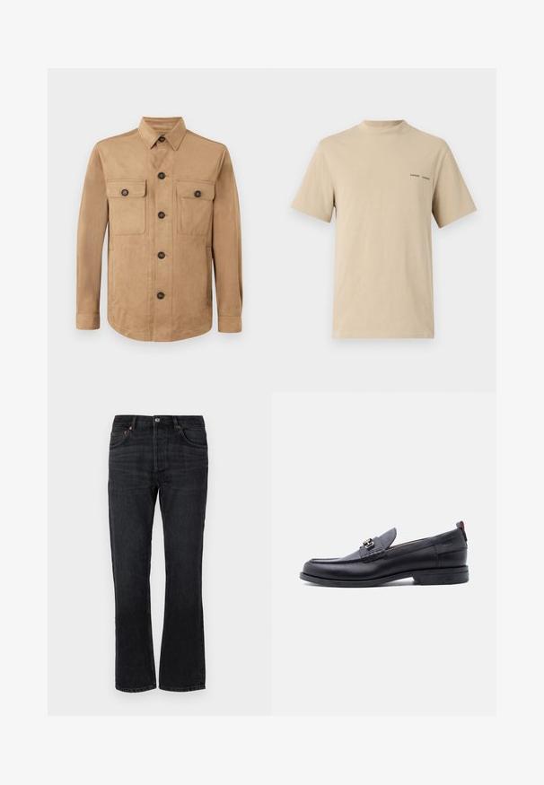 Beige Jacke aus weichem Material, mit einem Knopfverschluss, zwei aufgesetzten Taschen mit Knöpfen und langen Ärmeln mit geknöpften Manschetten.; Beige Baumwoll-T-Shirt mit rundem Ausschnitt und kurzen Ärmeln. Mit dezentem schwarzen "SAMSOE"-Textlogo auf der Brust.; Schwarze Jeans aus Denim mit geradem Schnitt, fünf Taschen und orangen Nähten. Glatte Textur und minimale Ausbleichungen.; Schwarzer Lederloafer mit grauem, strukturiertem Vorderblatt, silberner Metallschnalle, niedrigem Absatz und Zuglasche hinten.