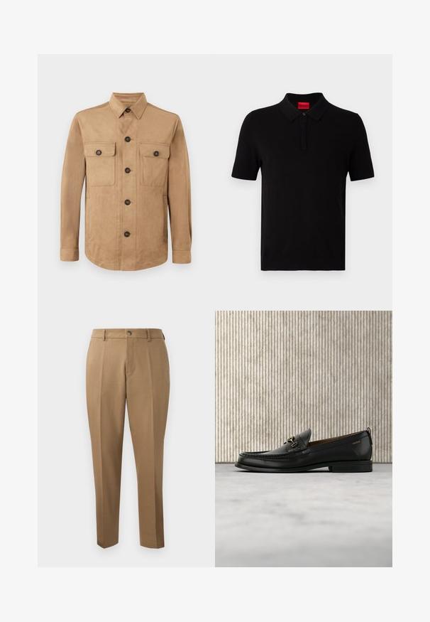 Beige jakke lavet af blødt stof, med knaplukning foran, to klaplommer med knapper og lange ærmer med knapmanchetter.; Sort polo-skjorte lavet af glat bomuld. Har en klassisk krave, korte ærmer og et rødt mærke ved halsen. Ingen mønstre eller udsmykninger.; Brune skræddersyede bukser med lige snit, enkelt plissé, bæltestropper og frontknaplukning. Glat stof med en mat overflade.; Sort læderloafers med guldfarvet metaldekoration og "HUGO" branding, vist mod en beige tæppe og brunt gennemsigtigt møbel.