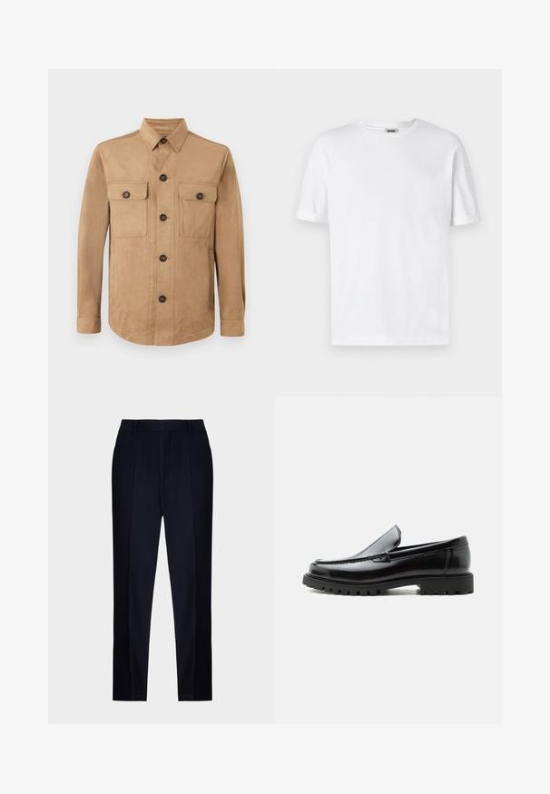 Beige Jacke aus weichem Material, mit einem Knopfverschluss, zwei aufgesetzten Taschen mit Knöpfen und langen Ärmeln mit geknöpften Manschetten.; Weißes Baumwoll-T-Shirt mit Rundhalsausschnitt, kurzen Ärmeln und umgeschlagenen Bündchen; schlichtes Design, weiche Textur und gerade geschnitten.; Navyblaue maßgeschneiderte Hose mit einer glatten Textur, flachem Bund, Gürtelschlaufen und einem schlanken, schmal zulaufenden Bein.; Schwarzer Lederloafer mit grober Gummisohle, genähter Oberseite und geprägtem Markennamen an der Ferse, seitlich auf weißem Hintergrund gezeigt.