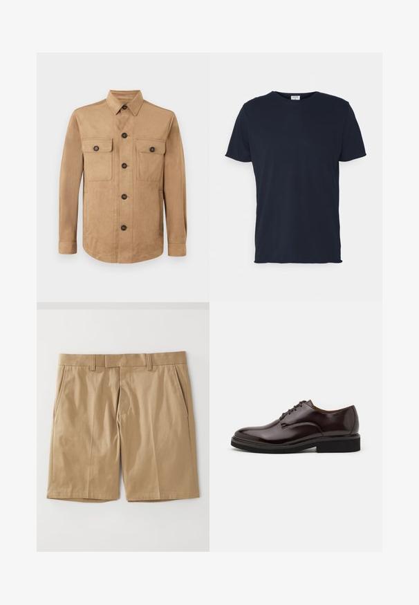 Beige jakke lavet af blødt stof, med knaplukning foran, to klaplommer med knapper og lange ærmer med knapmanchetter.; Marineblå bomulds t-shirt med rund hals og korte ærmer, med en glat tekstur og enkel design, uden synlige mønstre eller accenter.; Khaki shorts med en glat, vævet tekstur, der har to sidelommer og en lige snit, designet med en flad talje og bæltestropper.; Brune læder Oxford-sko med en blank finish, rund tå, snørebåndsdesign og en tyk sort gummisål. Sømdetalje på overdelen.