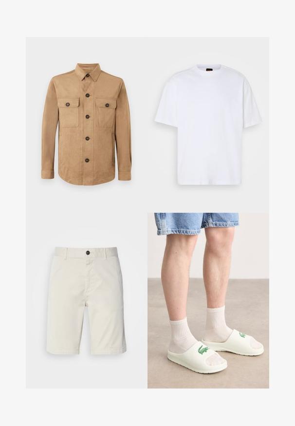 Chaqueta marrón hecha de tela suave, con cierre de botones en la parte delantera, dos bolsillos con solapa y botón, y mangas largas con puños abotonados.; Camiseta de algodón blanca con cuello redondo, mangas cortas y un corte relajado. Presenta costuras de hombro texturizadas para un detalle adicional.; Shorts de color beige claro fabricados en algodón, con cierre de botón, bolsillos delanteros y dobladillo cosido. Textura suave con un diseño casual.; Chanclas blancas sin puntera, con un logo verde, llevadas con calcetines blancos de canalé y pantalones cortos de mezclilla. Material suave y suela plana.