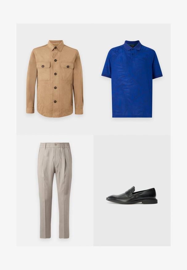Beige jakke lavet af blødt stof, med knaplukning foran, to klaplommer med knapper og lange ærmer med knapmanchetter.; Kortærmet polo t-shirt i livlig blå med et tekstureret palmebladsmønster, med krave og tre-knaps placket. Glat stof.; Beige skræddersyede bukser med en glat overflade, der har knaplukning, elastisk talje og to forlommer. Lige ben-design.; Sorte læder loafers med en glat tekstur, spids tå og lav rektangulær hæl. Har vandret remdetalje på overdelen.