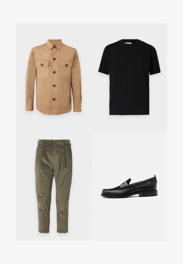 Beige jakke lavet af blødt stof, med knaplukning foran, to klaplommer med knapper og lange ærmer med knapmanchetter.; Sort kortærmet t-shirt lavet af bomuld med rund halsudskæring og løs pasform. Glat tekstur, ingen mønstre eller synlige logoer.; Olivengrønne fløjlsbukser med afslappet pasform, der har folder, elastisk talje og tapered ben. Struktureret stof med lodrette ribber.; Sort læderloafer med grå remdetalje, lav hæl og tekstureret sål, mærket med "HUGO" i guld på siden.