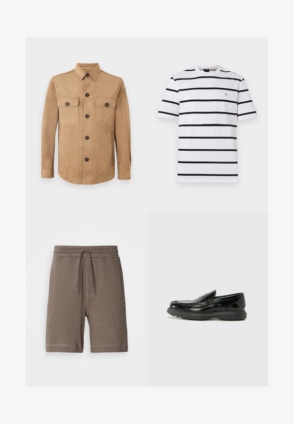 Beige jakke lavet af blødt stof, med knaplukning foran, to klaplommer med knapper og lange ærmer med knapmanchetter.; Hvid T-shirt med korte ærmer, med vandrette sorte striber og et lille rundt logo på venstre bryst mod en ensfarvet baggrund.; Brune bomuldsblandede shorts med elastisk talje, justerbar snor og sidelommer. Har kontrastsyninger og et logo patch.; Sort læderloafer med en blank finish, rund tå, subtile syninger og en tyk gummisål for holdbarhed.