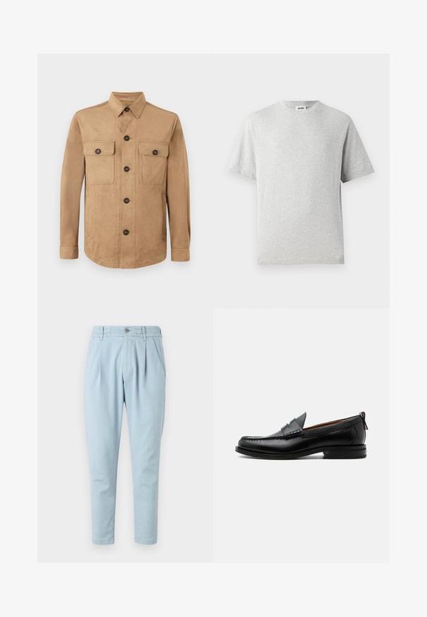 Chaqueta marrón hecha de tela suave, con cierre de botones en la parte delantera, dos bolsillos con solapa y botón, y mangas largas con puños abotonados.; Camiseta gris de manga corta hecha de tela suave. Presenta un cuello redondo, un corte relajado y no tiene patrones ni logotipos. Textura suave en toda la prenda.; Pantalones azul claro de tela texturizada, con cierre de botón, cinturilla elástica y dos bolsillos laterales. Diseño de pierna ajustada.; Mocasín de hombre de piel negra con costura moc toe, tira penny, cuello texturizado y tacón bajo apilado sobre fondo blanco.