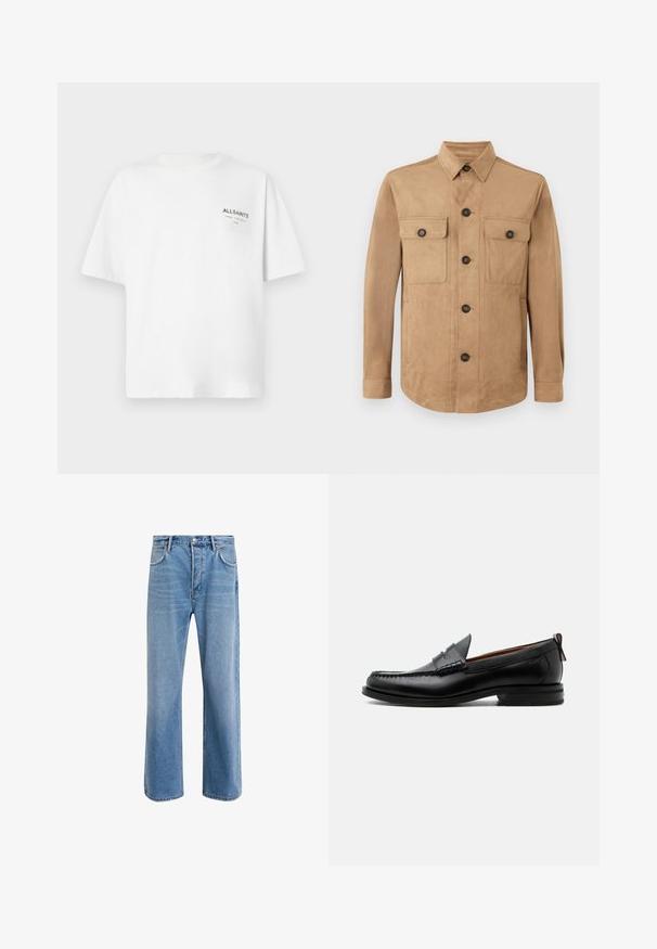 Beige jakke lavet af blødt stof, med knaplukning foran, to klaplommer med knapper og lange ærmer med knapmanchetter.; Hvid kortærmet bomulds T-shirt med lille sort "ALLSAINTS" tekst og japanske tegn trykt på venstre bryst.; Lyseblå denim jeans med lige ben-design, fem lommer, knaplukning, minimal falming og kontraststingdetaljer.; Sort læder herre loafer med moc-tå syning, penny strop, struktureret krave og lav stablet hæl på hvid baggrund.