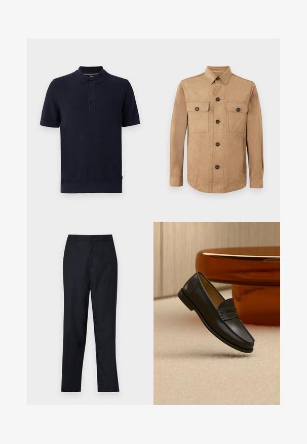 Tan jas gemaakt van zachte stof, met een knoopsluiting aan de voorkant, twee klepzakken met knopen en lange mouwen met knoopsluiting aan de manchetten.; Marineblauwe poloshirt van structuur gebreid materiaal, met een twee-knopenknopsluiting en ribbelmouwen en -zoom. Eenvoudig en modern ontwerp.; Navyblauwe broek van gladde stof, met een rechte pijpdesign, een enkele knoopsluiting en subtiele voorplooien.; Zwarte leren loaferschoen zwevend boven een beige tapijt met amberkleurige moderne meubels op de achtergrond.