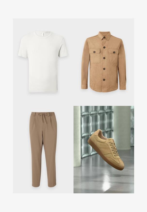 Veste beige en tissu doux, dotée d'une fermeture boutonnée à l'avant, de deux poches à rabat avec des boutons, et de manches longues avec des poignets boutonnés.; T-shirt blanc uni à manches courtes et col rond, étalé à plat sur un fond gris clair, avec une petite étiquette en tissu au niveau du col.; Pantalons beiges fuselés avec une taille à cordon de serrage, des poches latérales et une texture lisse. Aucun motif visible ni accent supplémentaire.; Baskets beiges en daim avec semelle en gomme, design à lacets, flottant à l'intérieur sur un sol en béton poli près d'un mur en blocs de verre.