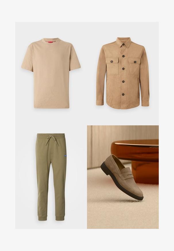 Veste beige en tissu doux, dotée d'une fermeture boutonnée à l'avant, de deux poches à rabat avec des boutons, et de manches longues avec des poignets boutonnés.; T-shirt en coton beige à manches courtes, col rond, avec un logo "HUGO" discret au centre. Texture lisse, coupe décontractée.; Pantalons de survêtement vert olive avec taille élastique et cordon de serrage. Comprend des poches latérales et des poignets côtelés. Fabriqué en matériau doux et extensible.; Mocassin en daim beige à semelle noire flottant au-dessus d'un sol moquetté clair, à côté d'une table basse ovale brillante marron dans une pièce moderne.