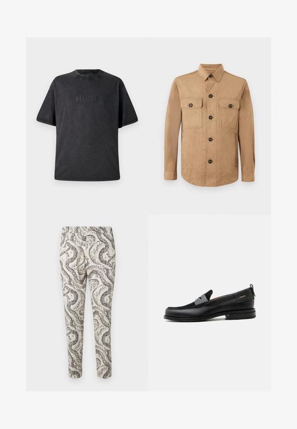Beige Jacke aus weichem Material, mit einem Knopfverschluss, zwei aufgesetzten Taschen mit Knöpfen und langen Ärmeln mit geknöpften Manschetten.; Schwarzes T-Shirt mit kurzen Ärmeln aus Baumwolle und rundem Ausschnitt. Mit eingeprägt "HUGO"-Logo auf der Vorderseite. Glatte Textur mit Nähten.; Gemusterte Hose mit einem Schlangendesign in Schwarz und Grau auf einem hellen Beigeton, mit Knopfverschluss und schmaler Passform.; Schwarzer Lederloafer mit grauem Riemendetail, niedrigem Absatz und strukturierter Sohle, seitlich mit „HUGO“ in Gold gebrandmarkt.