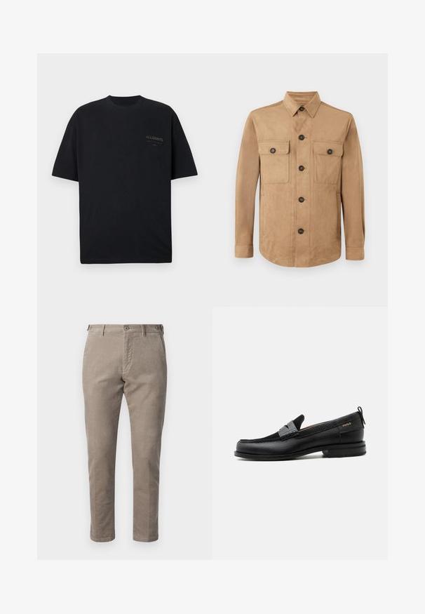 Tan jas gemaakt van zachte stof, met een knoopsluiting aan de voorkant, twee klepzakken met knopen en lange mouwen met knoopsluiting aan de manchetten.; Zwart T-shirt met korte mouwen en ronde hals met klein "ALLSAINTS" logo gedrukt op de bovenste linkerborst.; DRYKORN FAGO - Chino - brown; Zwarte leren loafer met grijs riemdetailelement, lage hak en gestructureerde zool, aan de zijkant gebrandmerkt met "HUGO" in goud.