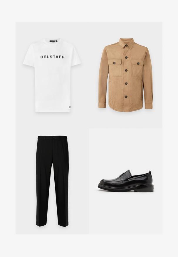 Veste beige en tissu doux, dotée d'une fermeture boutonnée à l'avant, de deux poches à rabat avec des boutons, et de manches longues avec des poignets boutonnés.; T-shirt en coton blanc présentant un logo noir "BELSTAFF" sur le devant. Col rond classique et manches courtes avec un petit détail de logo sur l'ourlet.; Pantalon noir en tissu lisse, présentant une coupe droite, deux poches avant et une fermeture à glissière avec bouton.; Calvin Klein MOCCASIN - Mocassins de ville - black
