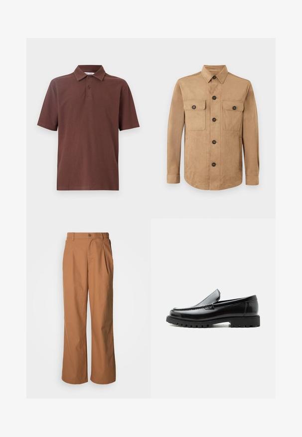 Beige jakke lavet af blødt stof, med knaplukning foran, to klaplommer med knapper og lange ærmer med knapmanchetter.; Brun polo-shirt lavet af åndbart stof, med en klassisk krave og tre-knaps placket, samt et diskret logo på brystet.; Bukser med vide ben i et varmt brunt stof, med frontknaplukning, diskrete folder og en lige pasform for en afslappet komfort.; Sort læderloafer med chunky gummisål, syet overdel og præget mærkenavn på hælen, vist i sideprofil på hvid baggrund.