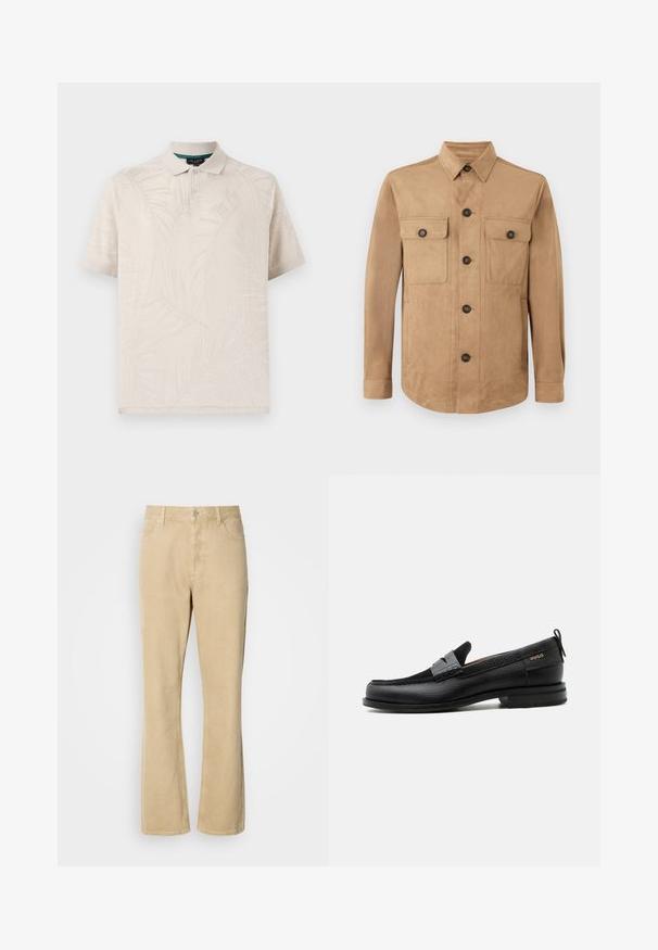 Tan jas gemaakt van zachte stof, met een knoopsluiting aan de voorkant, twee klepzakken met knopen en lange mouwen met knoopsluiting aan de manchetten.; Beige poloshirt van gestructureerde stof met een subtiele palmbladpatroon. Het heeft een klassieke kraag en twee knopen bij de hals.; Beige corduroy flare-pantalon met een knoop- en ritsluiting, voorzien van vijf zakken en zichtbare naden langs de benen. Soepele textuur.; Zwarte leren loafer met grijs riemdetailelement, lage hak en gestructureerde zool, aan de zijkant gebrandmerkt met "HUGO" in goud.
