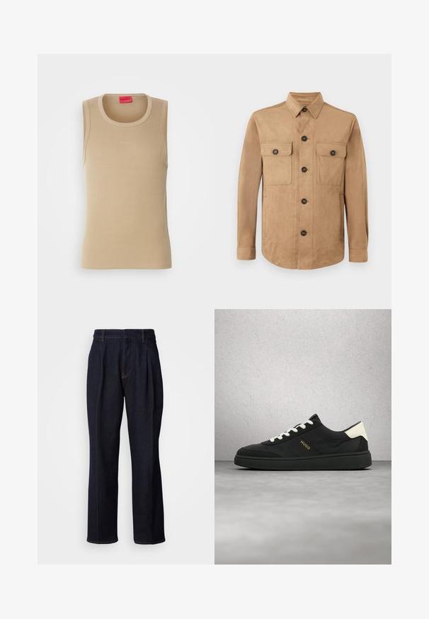 Veste beige en tissu doux, dotée d'une fermeture boutonnée à l'avant, de deux poches à rabat avec des boutons, et de manches longues avec des poignets boutonnés.; Débardeur beige en tissu côtelé, avec un col rond et un petit logo "HUGO" en relief sur le devant. Sans manches.; Jean en denim large à jambes bleues foncées avec des plis devant et des coutures orange, présenté sur fond blanc.; Baskets noires avec lacets blancs et languette de talon, logo « HUGO » sur le côté, présentées en suspension dans les airs sur un fond de sol gris et mur en blocs de verre.