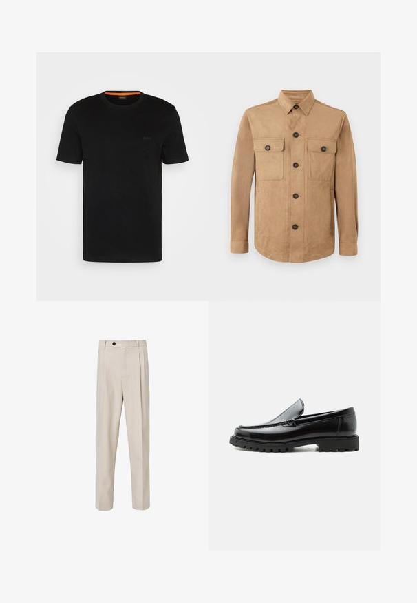 Beige Jacke aus weichem Material, mit einem Knopfverschluss, zwei aufgesetzten Taschen mit Knöpfen und langen Ärmeln mit geknöpften Manschetten.; Schwarzes, kurzärmeliges T-Shirt aus weichem Stoff, mit rundem Ausschnitt und einem dezenten Logo auf der Vorderseite. Der Innensaum hat einen orangefarbenen Akzent.; Beige maßgeschneiderte Hose mit geradem Beinschnitt, vorderen Falten, Knopfverschluss und glatter Stoffstruktur.; Schwarzer Lederloafer mit grober Gummisohle, genähter Oberseite und geprägtem Markennamen an der Ferse, seitlich auf weißem Hintergrund gezeigt.