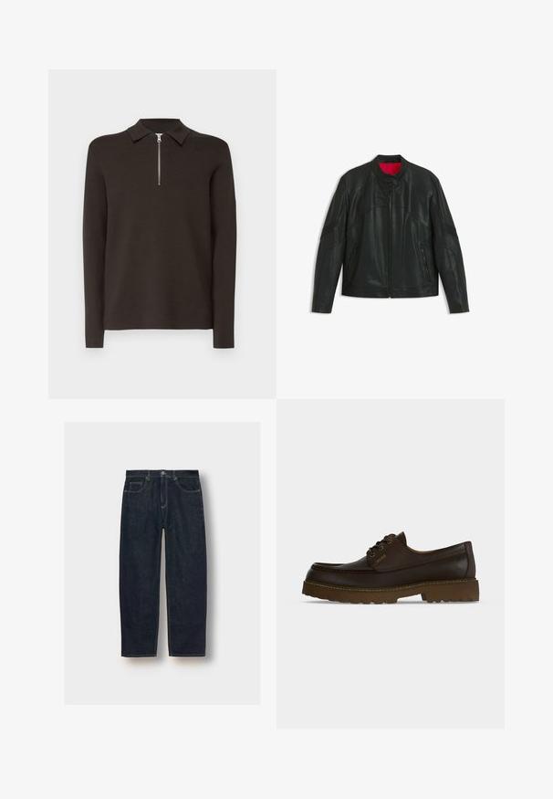 Zwarte leren jas met ritssluiting aan de voorkant, opstaande kraag met drukknoop, ritssluitingen aan de zijzakken en een rode binnenvoering.; Donkerbruin poloshirt met lange mouwen, een kraag en een korte zilveren ritssluiting. Gemaakt van een gladde, zachte stof. Geen patronen of accenten.; Donkerblauwe denim jeans met een losse pasvorm, vijf zakken en contrasterende stiksel. Voorzien van een knoop- en ritssluiting. Gladde textuur.; Donkerbruine leren veterlaars met dikke rubberen zool en gestikte details, zijaanzicht op een witte achtergrond.