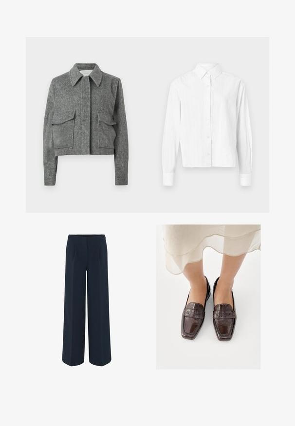 Graue, kurz geschnittene Jacke aus strukturiertem Stoff mit spitzem Kragen, zwei vorderen Klappentaschen und langen Ärmeln. Minimalistisches Design.; Weißes Hemd mit Knopfleiste aus leichtem Stoff. Mit langen Ärmeln, klassischem Kragen und dezenten vertikalen Streifen. Kurz geschnittenes Design.; Weite Hose in Dunkelblau, aus glattem Stoff, mit maßgeschneiderten Falten und hohem Taillendesign. Keine sichtbaren Taschen oder Verzierungen.; Braune Leder-Loafers mit glänzendem Finish, quadratischer Spitze, gesteppten Akzenten und niedrigem, flachem Absatz.