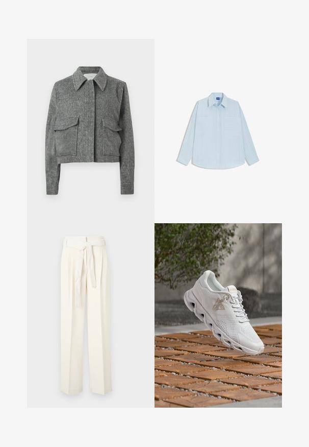 Chaqueta gris corta hecha de tela texturizada con un collar puntiagudo, dos bolsillos frontales con solapa y mangas largas. Diseño minimalista.; Camisa de manga larga con rayas azul claro, cierre de botones en el frente, dos bolsillos en el pecho y dobladillo redondeado. Fabricada con tela suave.; Pantalones de pierna ancha color crema con cintura con cinturón. Fabricados en un tejido suave, presentan plisados y una textura lisa sin patrones.; Zapatilla deportiva blanca con paneles de malla y sólidos, etiqueta con el logo de GUESS y una suela de diseño único sobre un suelo de baldosas de madera y guijarros.