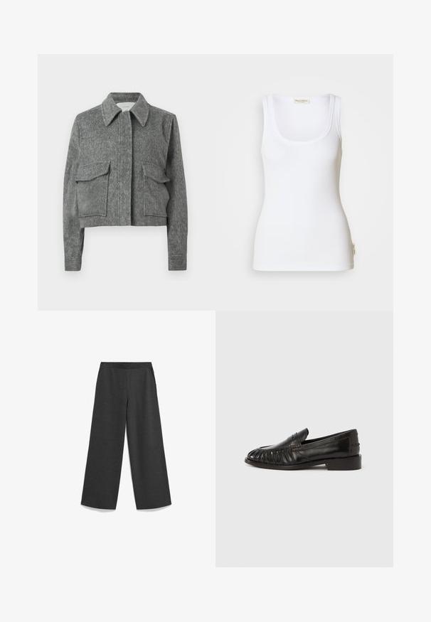 Grijze getailleerde jas van gestructureerde stof met een puntige kraag, twee voorzakken met flap en lange mouwen. Minimalistisch ontwerp.; Witte geribbelde tanktop met een ronde halslijn en brede schouderbanden. Voorzien van een logolabel aan de zijkant van de zoom. Gemaakt van zachte, rekbare stof.; Wijde pijpen in donkergrijs, gemaakt van zachte stof, met een elastische tailleband en zijzakken voor functionaliteit.; Zwarte leren loafers met een geplooid teenontwerp, instapmodel, lage blokhak en contrasterende stiksels langs de zijkant.