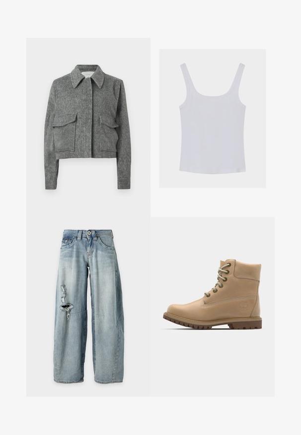 Graue, kurz geschnittene Jacke aus strukturiertem Stoff mit spitzem Kragen, zwei vorderen Klappentaschen und langen Ärmeln. Minimalistisches Design.; Weißes ärmelloses, geripptes Tanktop mit breiten Schulterträgern und quadratischem Ausschnitt, flach auf einem neutralen Hintergrund liegend.; Hellblaue Jeans mit weitem Bein, einem Riss am oberen linken Oberschenkel, fünf Taschen, Gürtelschlaufen und einem verwaschenen Effekt.; Beige Leder Stiefeletten mit runder Spitze, beigen Schnürsenkeln und robuster Sohle. Mit Seitennähten und einem runden Logo an der Ferse.