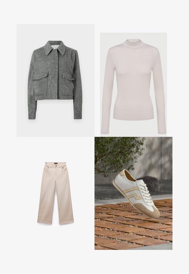 Harmaa lyhyt takki, joka on valmistettu tekstiilipinnoitteisesta kankaasta, jossa on terävä kaulus, kaksi etutaskua ja pitkät hihat. Minimallistinen muotoilu.; Harmaa beigepitkähiha turtleneck-paita, joka on valmistettu pehmeästä ja joustavasta materiaalista. Tiukka muotoilu, jossa on uritetut pinnat ja normaali hihansuu.; Vaahtokarkkia keinottava vaaleanruskea puuvillainen leveälahkeinen housu, jossa on sileä tekstuuri. Siinä on viisi taskua, vyölenkit ja hopeanvärisiä yksityiskohtia edessä.; Valkoinen ja beige nahkainen lenkkitossu, jossa on nauhat, leijuu puutason ja pikkukivipinnan yläpuolella, taustalla utuinen viheralue ja betoni.