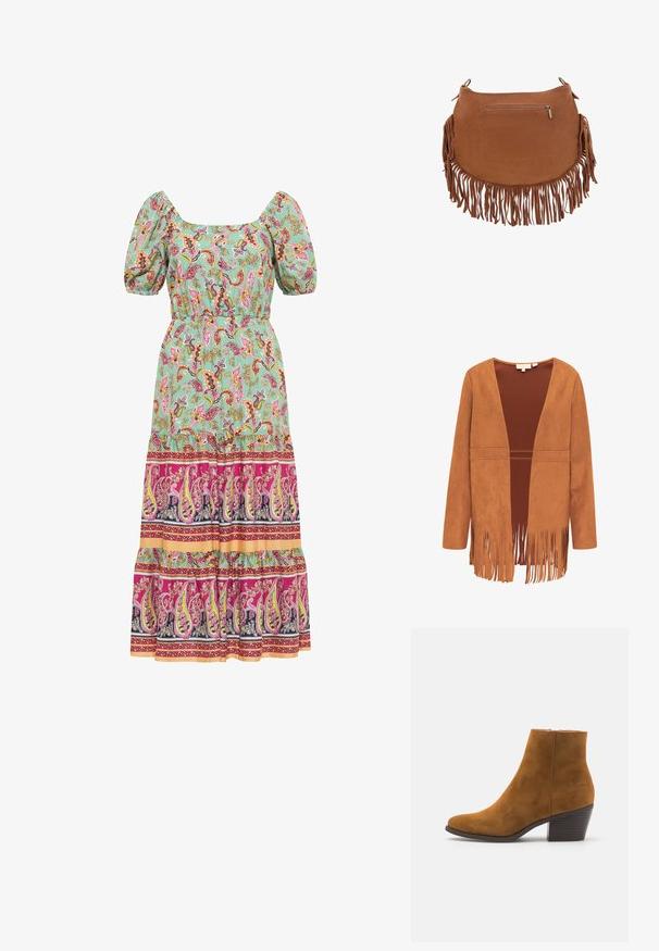 Brun ruskind jakke med åben front, lange ærmer og frynser langs bundkanten og kanterne.; Grøn maxi kjole med paisley mønster, puffærmer, firkantet udskæring og tiered kant med pink, lilla og gule accenter.; Brune ruskind ankelstøvle med spids tå og stablet hæl. Glat tekstur med lynlås i siden til lukning. Klassisk design og form.; Brun ruskindshåndtaske med lange frynser langs bunden og siderne samt en lille vandret lynlåslomme foran.