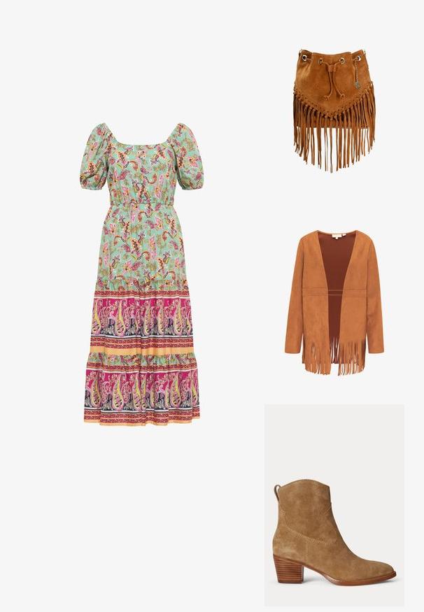 Brun ruskind jakke med åben front, lange ærmer og frynser langs bundkanten og kanterne.; Grøn maxi kjole med paisley mønster, puffærmer, firkantet udskæring og tiered kant med pink, lilla og gule accenter.; Brun ruskind ankelstøvle med lav stabil træhæl og trækkemærke bagpå på en ensartet lys baggrund.; Brun ruskinds bucket taske med frynser, snørelukning, metal grommets og en charm. Har en struktureret overflade og trekantet design på forsiden.