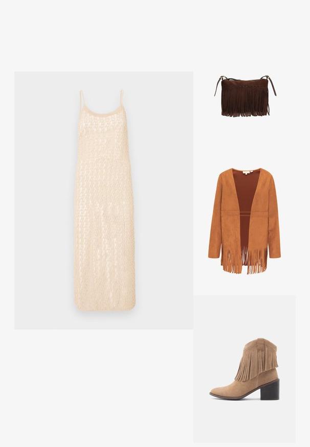 Brun ruskind jakke med åben front, lange ærmer og frynser langs bundkanten og kanterne.; Strikket kjole med en lys beige farve, spaghetti stropper og et åbent hækle mønster. Midt-længde med en løs pasform.; Beige ruskinds-ankelstøvle med rundet tå og frynset overdel. Har en mellemhøj blokhæl og et robust design med en løkke detalje bagpå.; Brun ruskind skuldertaske med lange frynser og justerbare remme, lynlås lukning langs øverste kant.
