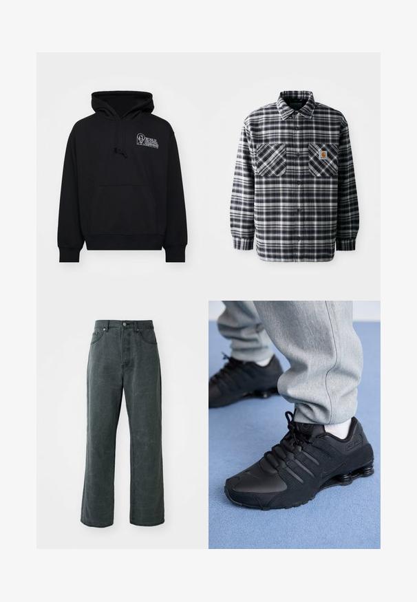 Camisa de franela a cuadros en blanco y negro con mangas largas, dos bolsillos frontales y un parche cuadrado con el logo en el bolsillo derecho. Cierre con botones.; Sudadera negra de tejido suave, con bolsillo canguro, capucha con cordón y texto de logo blanco en la parte izquierda del pecho.; Vaqueros de patas anchas en gris oscuro, hechos de denim, con una cintura alta, diseño de cinco bolsillos y una sutil textura desgastada.; Persona vestida con zapatillas Nike Shox negras y pantalones de chándal grises, de pie sobre una alfombra azul claro.