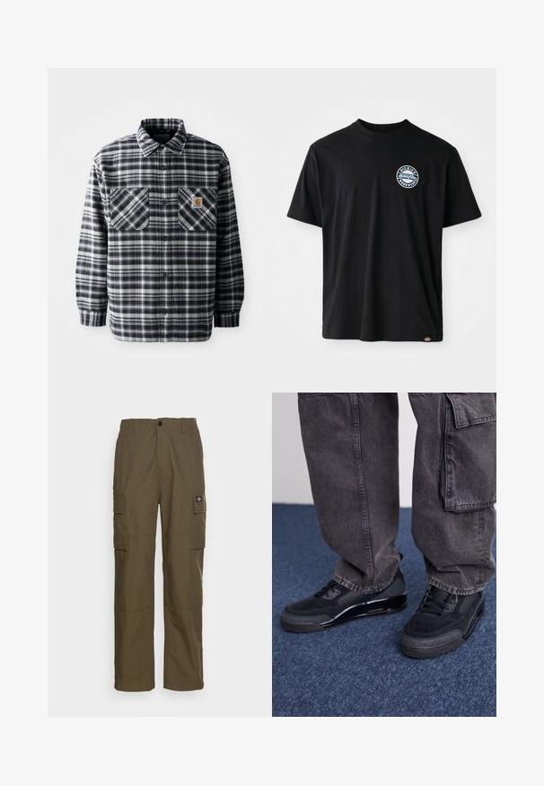 Zwart-witte geblokte flanellen shirt met lange mouwen, twee borstzakken en een vierkante logo patch op de rechterzak. Knopen sluiting.; Zwarte katoenen t-shirt met een rond logo op de borst. Korte mouwen en een ronde halsontwerp met een rechte snit aan de onderkant.; Olijfgroene cargobroek, gemaakt van duurzaam stof. Beschikt over twee zijzakken, een standaard taille en een rechte pijp.; Zwarte sportieve schoenen met een gestructureerd oppervlak, gladde accenten en een chunky zool, gecombineerd met donkere, loszittende cargo pants.