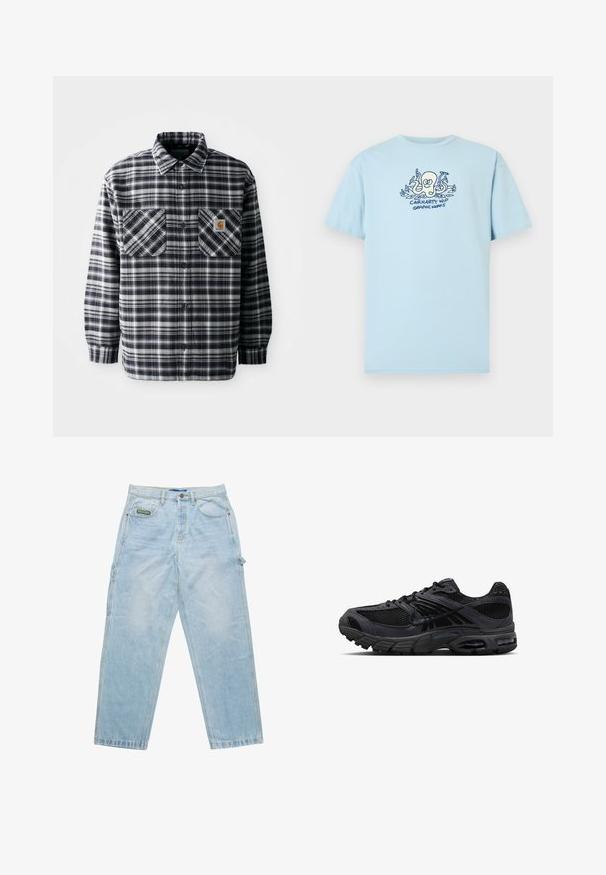 Zwart-witte geblokte flanellen shirt met lange mouwen, twee borstzakken en een vierkante logo patch op de rechterzak. Knopen sluiting.; Lichtblauw katoenen t-shirt met een grafische print van een octopus en de tekst "CARHARTT WIP GRAPHIC WORKS" in donkerblauw. Korte mouwen, ronde hals.; Lichtblauwe denim spijkerbroek met een losse pasvorm, vijf zakken en zichtbare stiksels. Bevat een merklabel op de voorzak.; Zwarte en donkergrijze Nike hardloopschoen met meshstof, suède overlays, een gedempte zool en zichtbare luchtunits in de hiel en voorvoet.