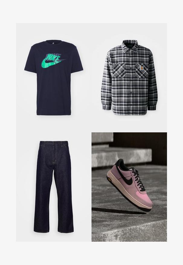 Schwarz-weiß kariertes Flanellhemd mit langen Ärmeln, zwei vorderen Taschen und einem quadratischen Logopatch auf der rechten Tasche. Mit Knopfschluss.; Navyblaue Baumwoll-T-Shirt mit einem grünen und dunkelblauen Nike-Logo-Graphic quer über die Brust. Kurze Ärmel und Rundhalsausschnitt.; Dunkelblaue gerade geschnittene Jeans aus Denim mit vorderen Taschen, Gürtelschlaufen, Reißverschluss und Knopfverschluss, präsentiert vor einem schlichten weißen Hintergrund.; Rosa-schwarzer Nike Air Sneaker mit schwarzem Swoosh und beiger Sohle, schwebt über Betontreppen mit grauer, strukturierter Oberfläche.