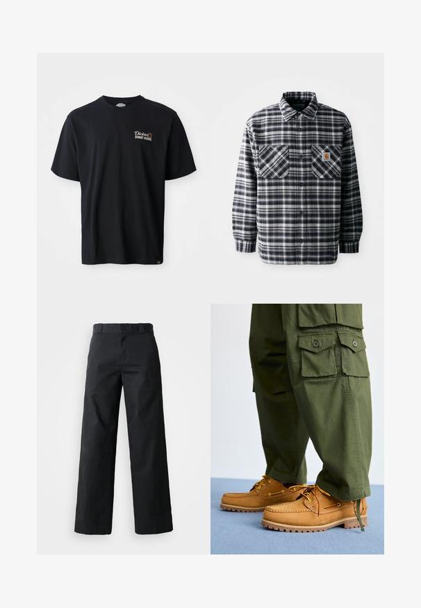 Sort-hvid plaid flannel skjorte med lange ærmer, to forlommer og et firkantet logo-patch på den højre lomme. Knaplukning.; Sort bomulds t-shirt med korte ærmer. Udstyret med et broderet logo "Dickies Donut House" på venstre brystområde. Klassisk crew neck-design.; Sorte brede bukser lavet af bomuld. Har en knaplukning, bæltestropper og sidelommer. Glat tekstur med en skræddersyet pasform.; Timberland AUTHENTIC 3 EYE - Sejlersko - wheat