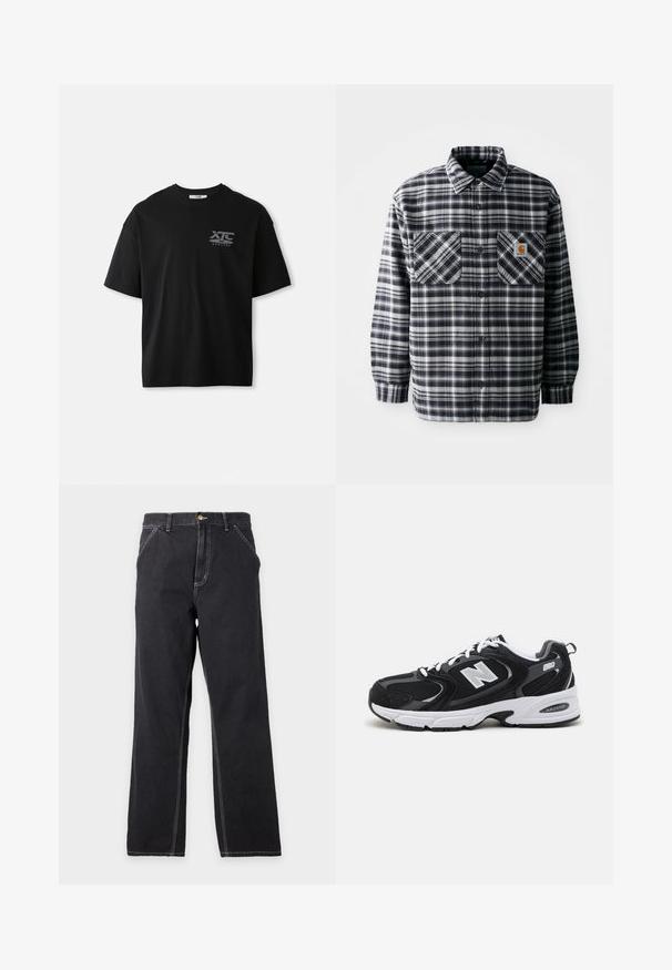 Chemise en flanelle à carreaux noir et blanc avec manches longues, deux poches avant et un écusson carré sur la poche droite. Fermeture à boutons.; T-shirt noir à manches courtes en coton avec un col rond et un logo blanc "XTC VERTERE" sur la partie gauche de la poitrine. Texture lisse.; Jean noir à coupe droite avec poches avant, passants de ceinture et coutures blanches visibles sur un fond gris clair uni.; Baskets de sport noires et grises avec un tige en mesh et en suède, présentant une semelle intermédiaire blanche, des lacets et un logo "N" audacieux sur le côté.